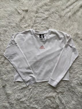 adidas White Cropped Crewneck with Light Pink Logo